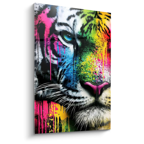 Tigre au regard bleu perçant éclaboussé de rose fuchsia et jaune vif façon graffiti