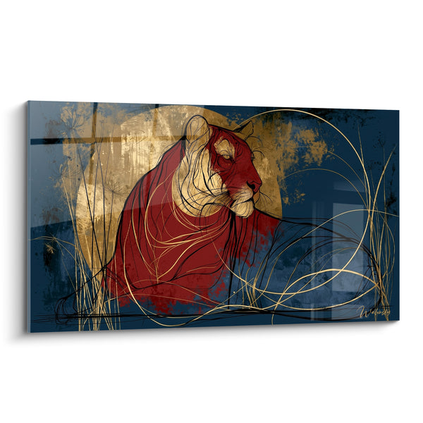 Tableau Tigre couché rouge et bleu marine devant une lune dorée - Herbes filiformes entrelacées - Edition Tigre