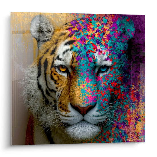 Tigre au visage éclaté de turquoise et violet, œil ambre et bleu, fond doré craquelé