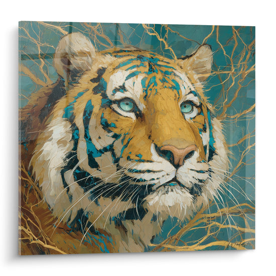 Tableau tigre majestueux yeux turquoise sur fond bleu-vert avec veines dorées effet marbre artistique contemporain
