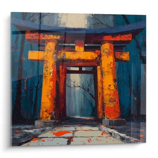 Tableau torii japonais style expressionniste couleurs orange vif et bleu profond peinture moderne