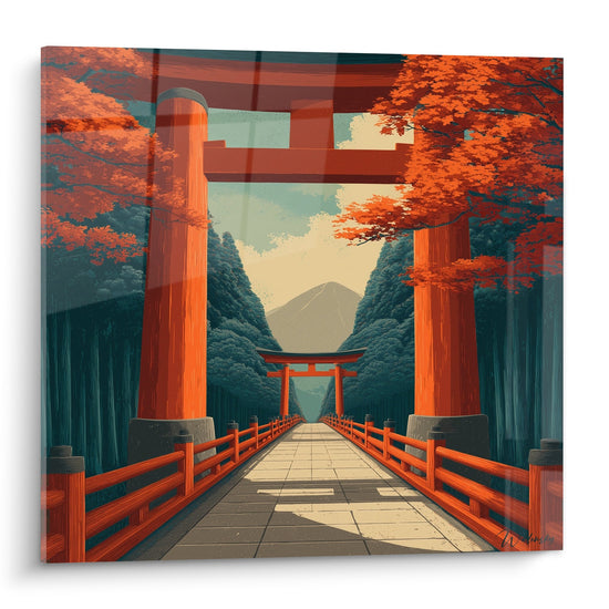 Tableau torii pont vermillon temple japonais automne érables oranges reflets eau montagne