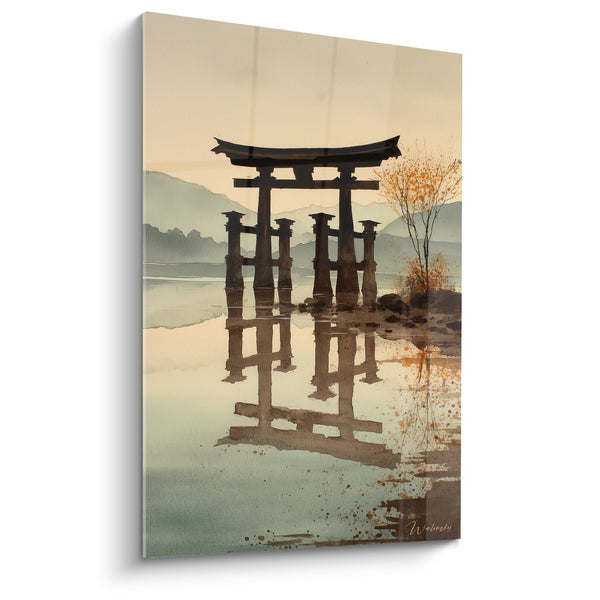 Tableau torii traditionnel reflet doré au coucher de soleil sur lac paisible - Sérénité nippone - Edition torii