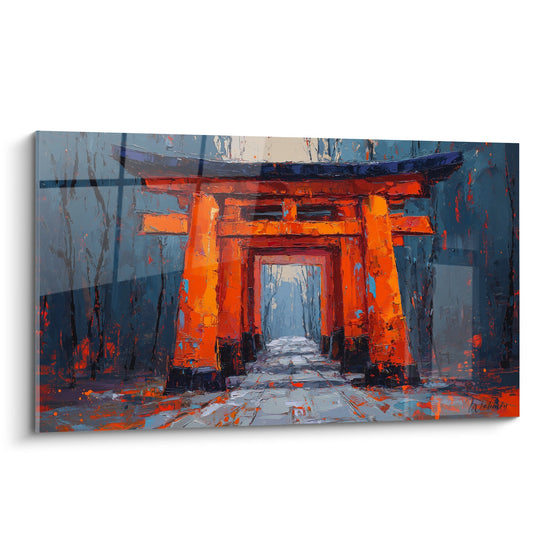 Tableau torii vermillon dans brume nocturne avec eclaboussures oranges sur chemin dalle, art japonais contemporain