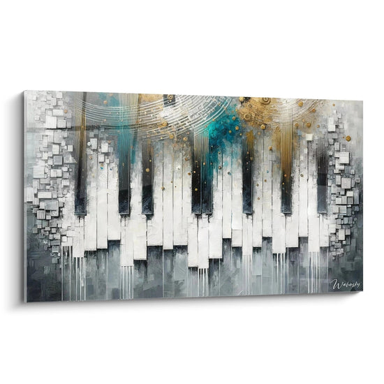 Un tableau abstrait représentant un clavier de piano stylisé, aux touches noires et blanches, avec des teintes dorées, turquoise et grises, et des effets de relief et de gouttes.

