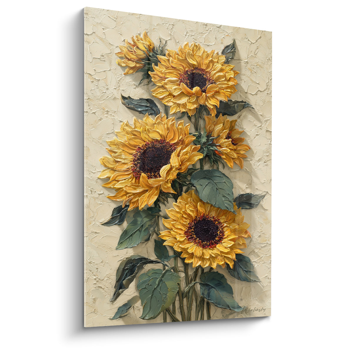 Bouquet de tournesols dorés et feuilles vert olive en relief sur fond ivoire craquelé texturé