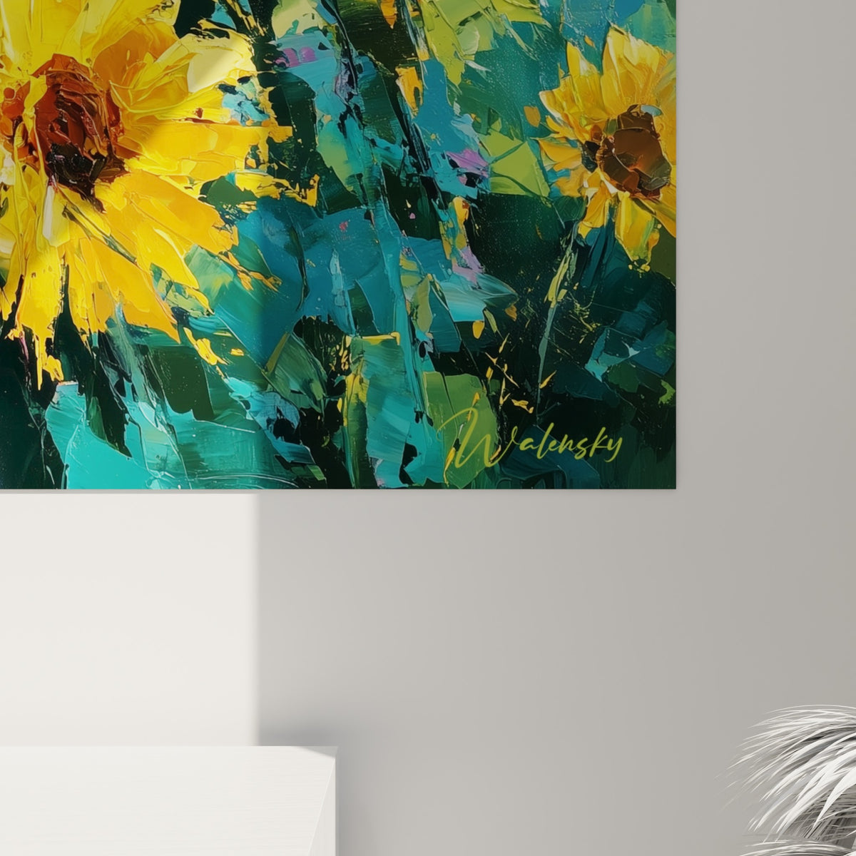 Empâtements épais de jaune doré et de turquoise révélant la matière du champ de tournesols peint