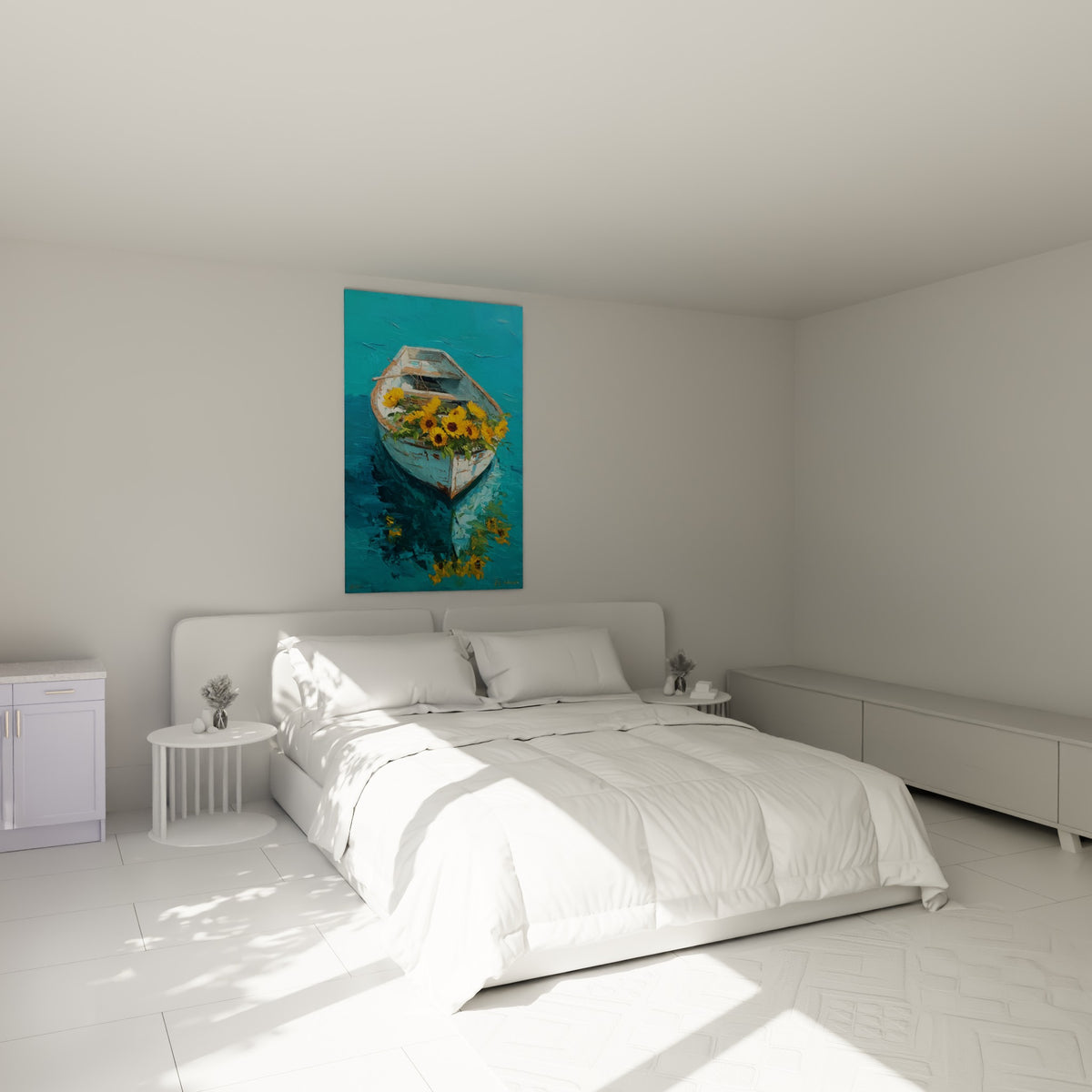 Tournesols jaunes et barque usée peints en couteau, accrochés au-dessus d'un lit dans une chambre claire