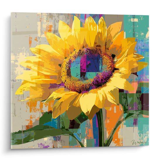 Tournesol jaune vif au cœur bleu violet, pétales larges sur fond patchwork orange et turquoise
