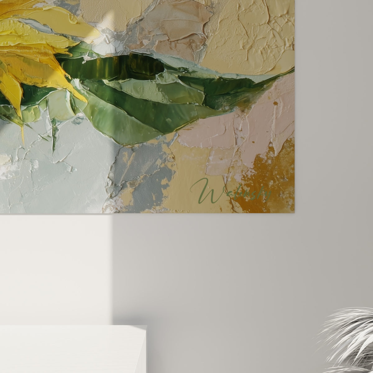 Empâtements épais du tournesol révélant des touches de jaune doré, vert olive et beige craquelé