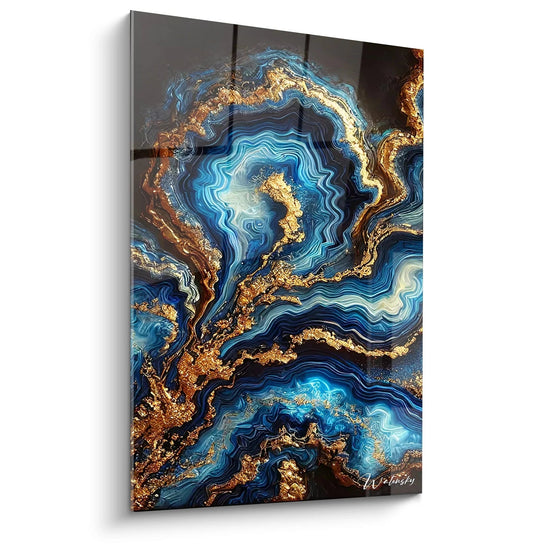 Tableau style epoxy capturant la fluidité de l'océan, avec des vagues bleues profondes et des éclats dorés. Une touche de lumière éclatante dans la profondeur marine.


