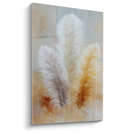 Tableau mural trois plumes blanches dorées cuivrées sur fond beige poudrée art déco naturel
