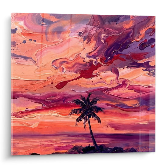 Tableau tropical coucher soleil palmier ciel violet orange reflets aquatiques Edition Bali