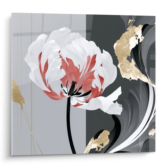 Tulipe blanche striée de corail, tige noire, fond anthracite et éclats dorés en volutes.