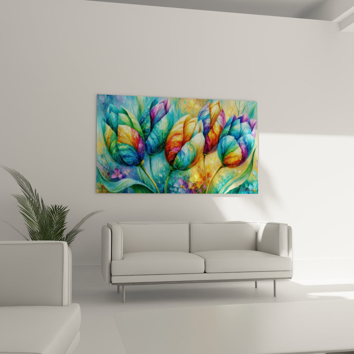 Tulipes bleu profond et cuivré déployées au-dessus d'un canapé dans un salon lumineux