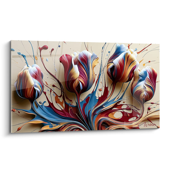 Tulipes bordeaux et bleu marine en coulures fluides sur fond ivoire, style pictural intense