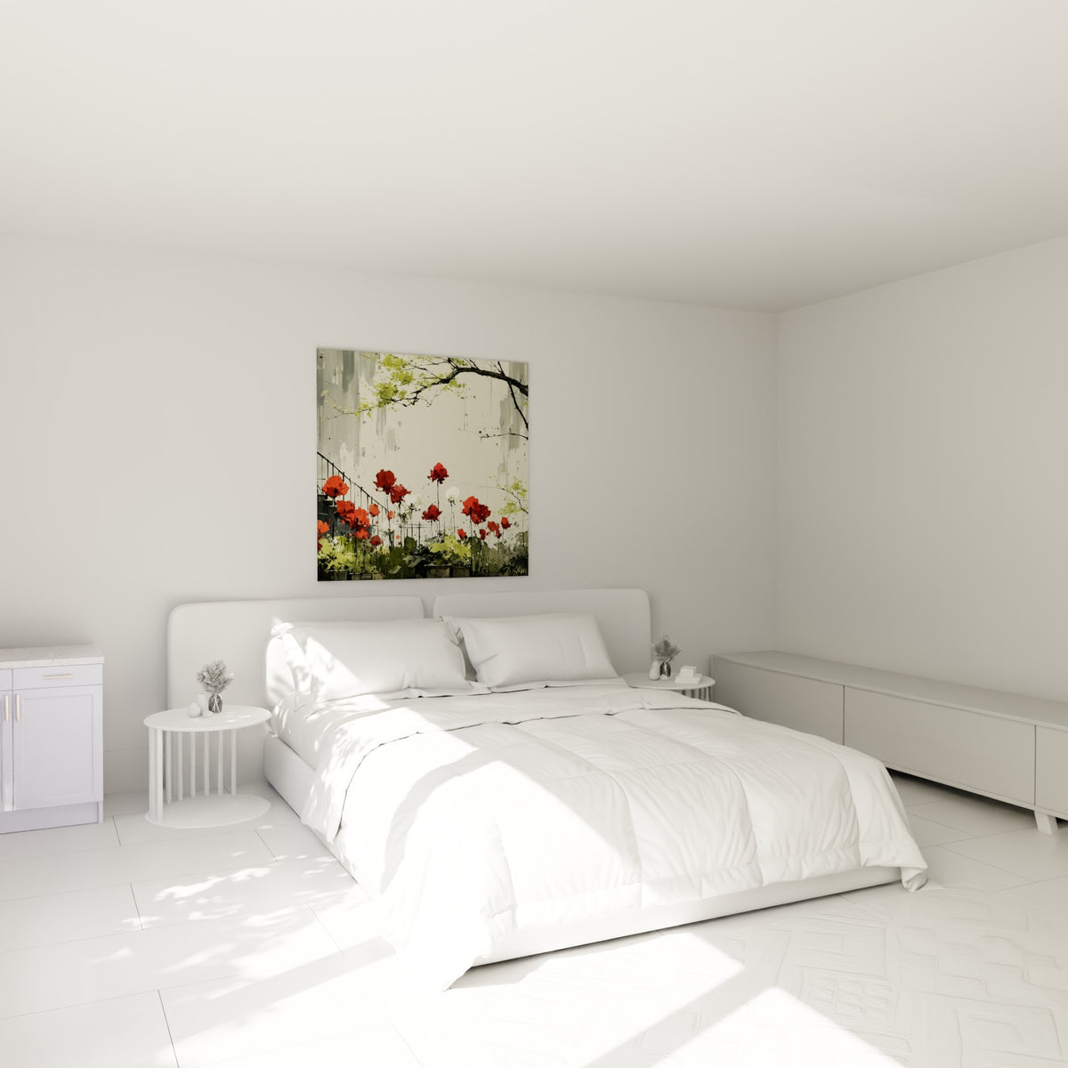 Tulipes rouges vibrantes et pétales blancs, accrochées au-dessus d'un lit dans une chambre claire