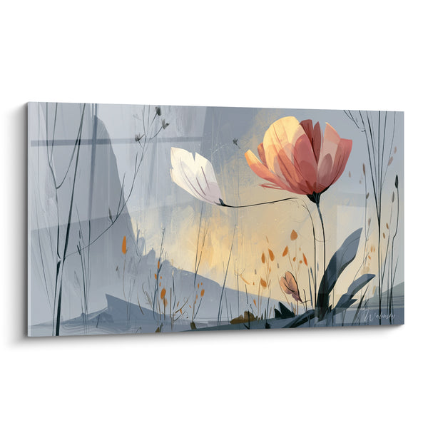 Tableau Tulipe corail et blanche sur brume grise - Éveil sous la brume - Edition Tulipe