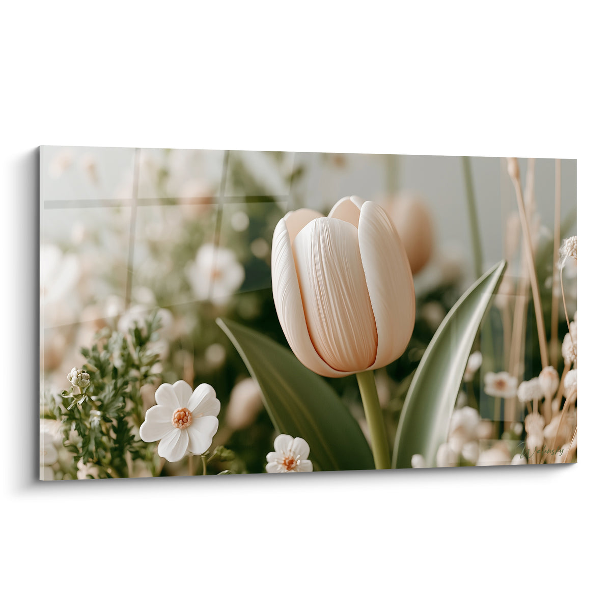 Tulipe crème aux pétales pêche pâle, entourée de fleurs blanches et feuilles vert sauge