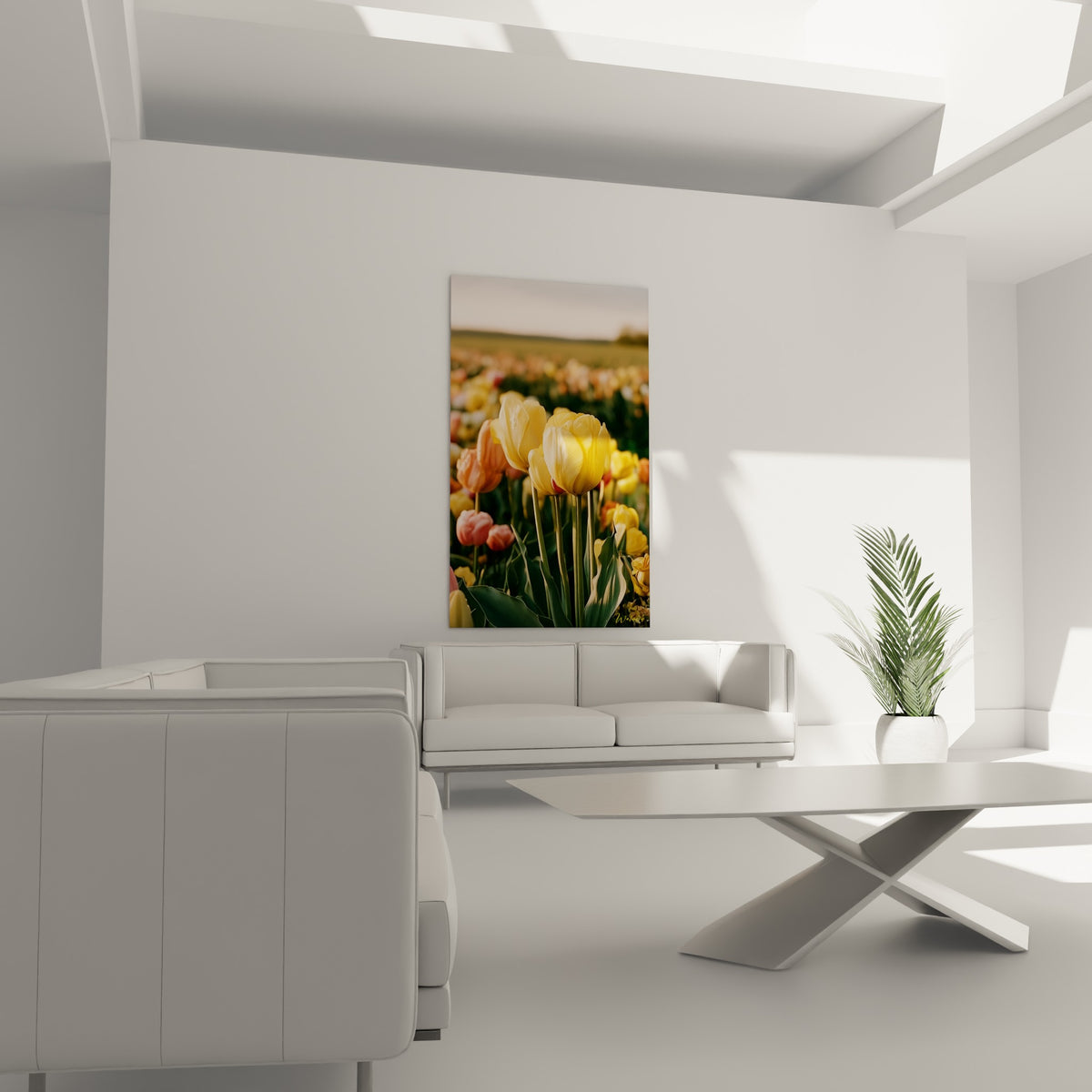 Fleurs de tulipe jaune et corail au feuillage vert dense, disposées au-dessus d'un canapé dans un salon lumineux