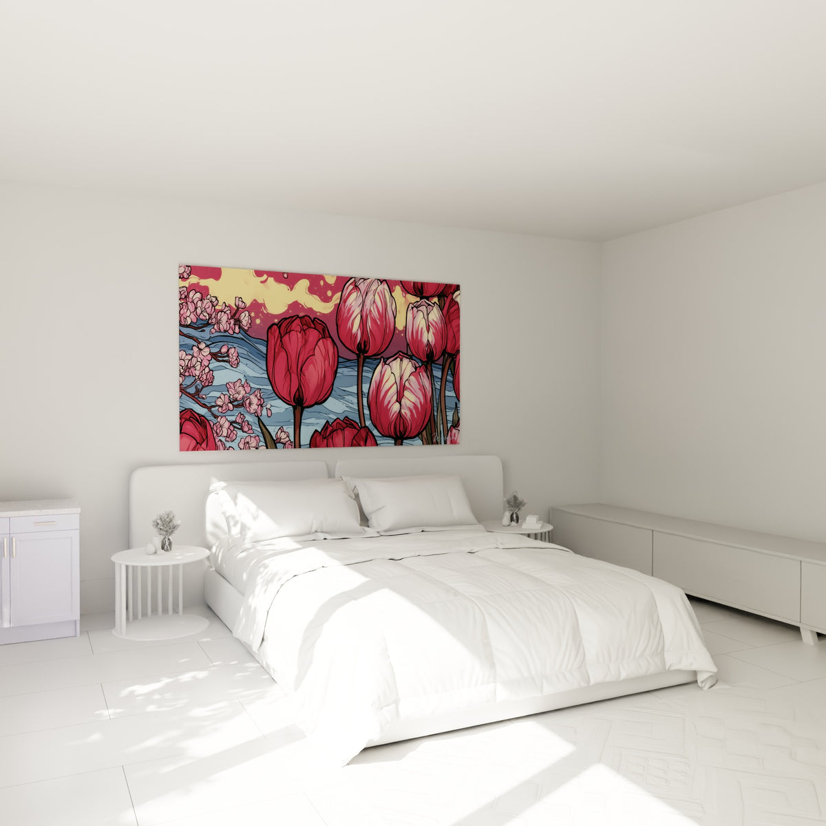 Tulipes bordeaux et fleurs de cerisier roses au-dessus d'un lit dans une chambre claire