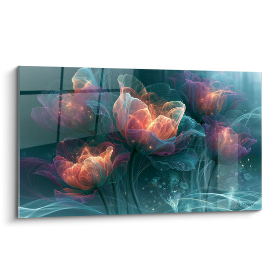 Tulipes translucides orange et bleu sarcelle éclairées de l'intérieur, composition fractale lumineuse