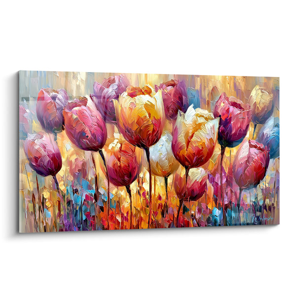 Tableau Tulipes pourpres et dorées aux tiges fines - Empâtements au couteau - Edition Tulipe