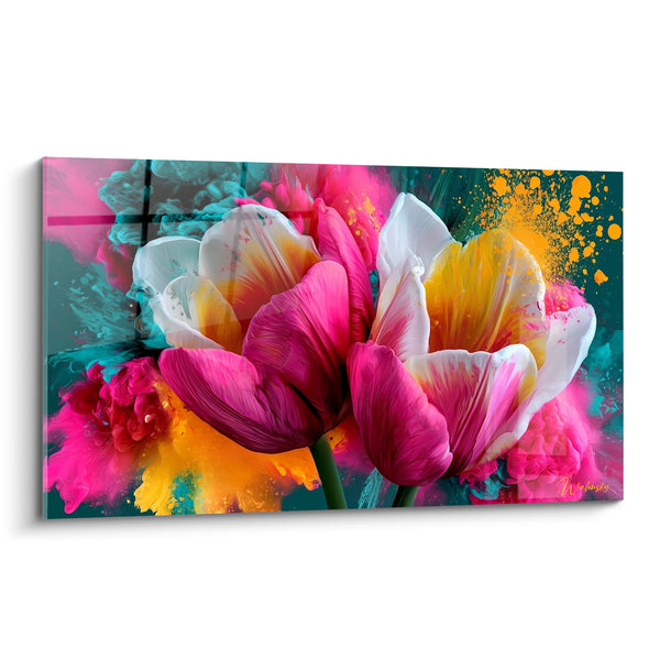 Tableau Tulipes fuchsia et blanches aux nuages d'encre turquoise - Explosion de pigments dorés - Edition Tulipe