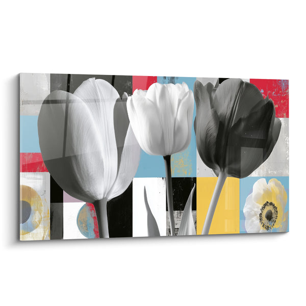 Tableau Tulipes grises et blanches en damier coloré - Fleur d'anémone jaune - Edition Tulipe