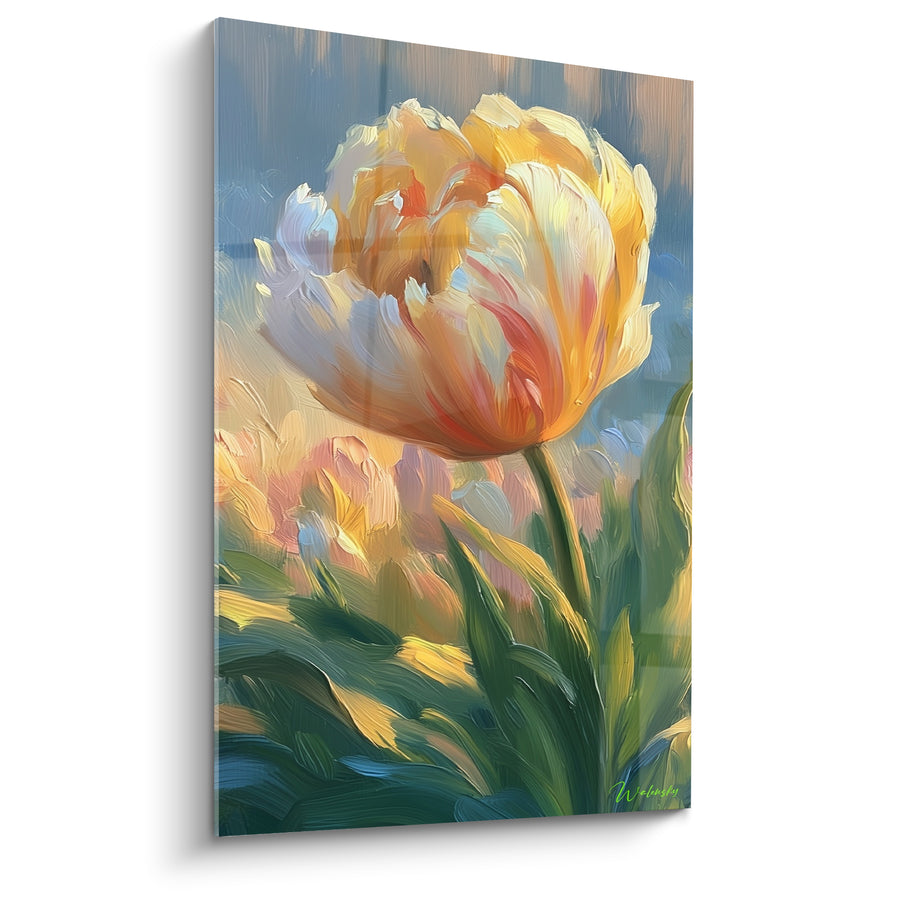 Tableau Tulipe jaune et corail aux pétales bouffants - Empâtements de peinture épais - Edition Tulipe