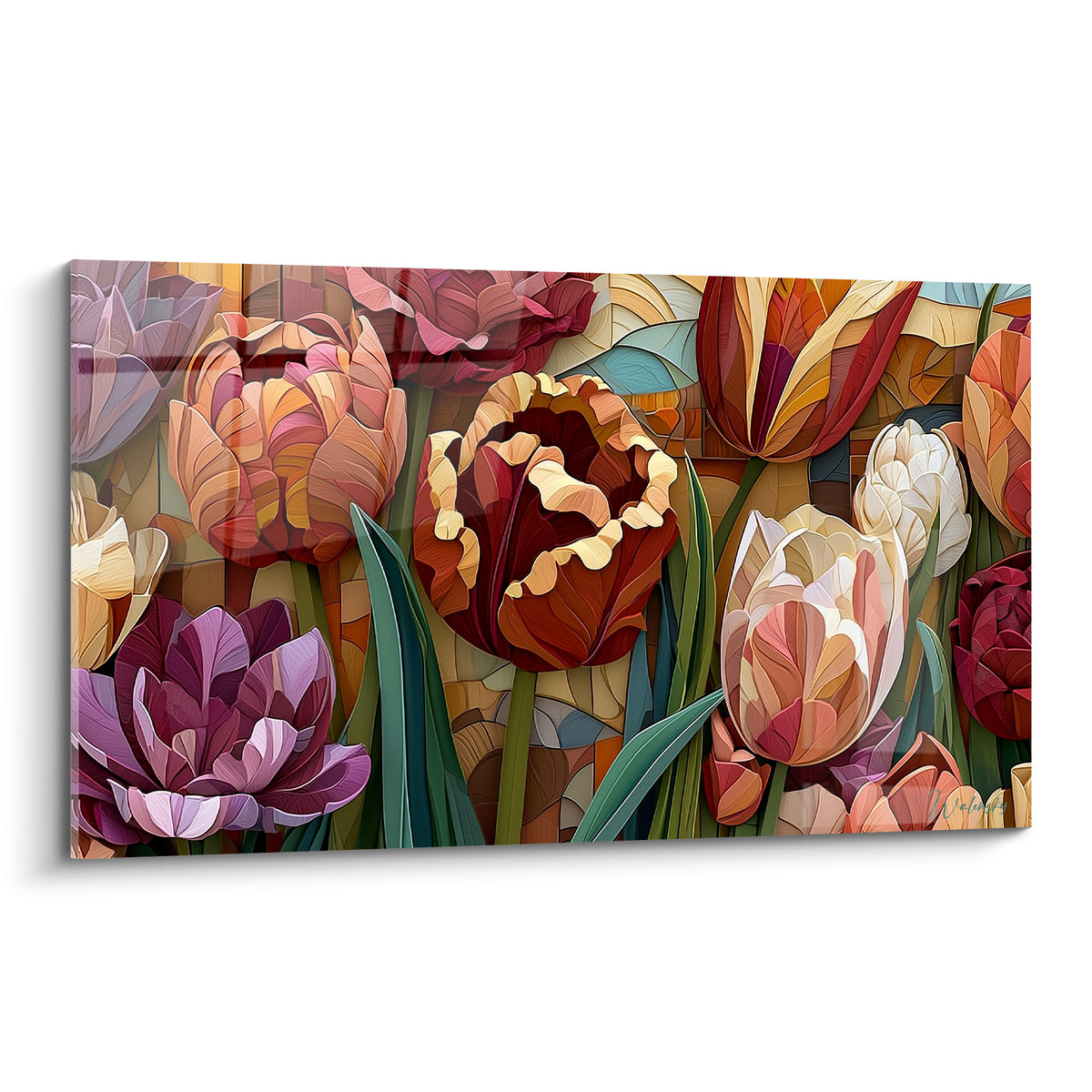 Tulipes mauves, terracotta et dorées en mosaïque de vitrail, pétales frangés et tiges vertes