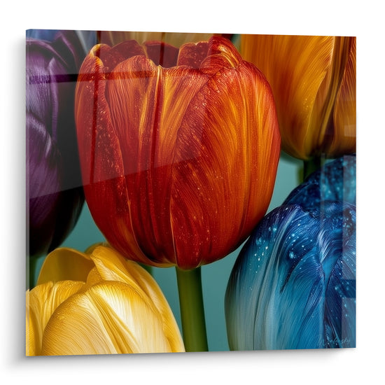 Tulipes orange, jaune et bleu marine aux pétales veinés serrés sur fond bleu pétrole