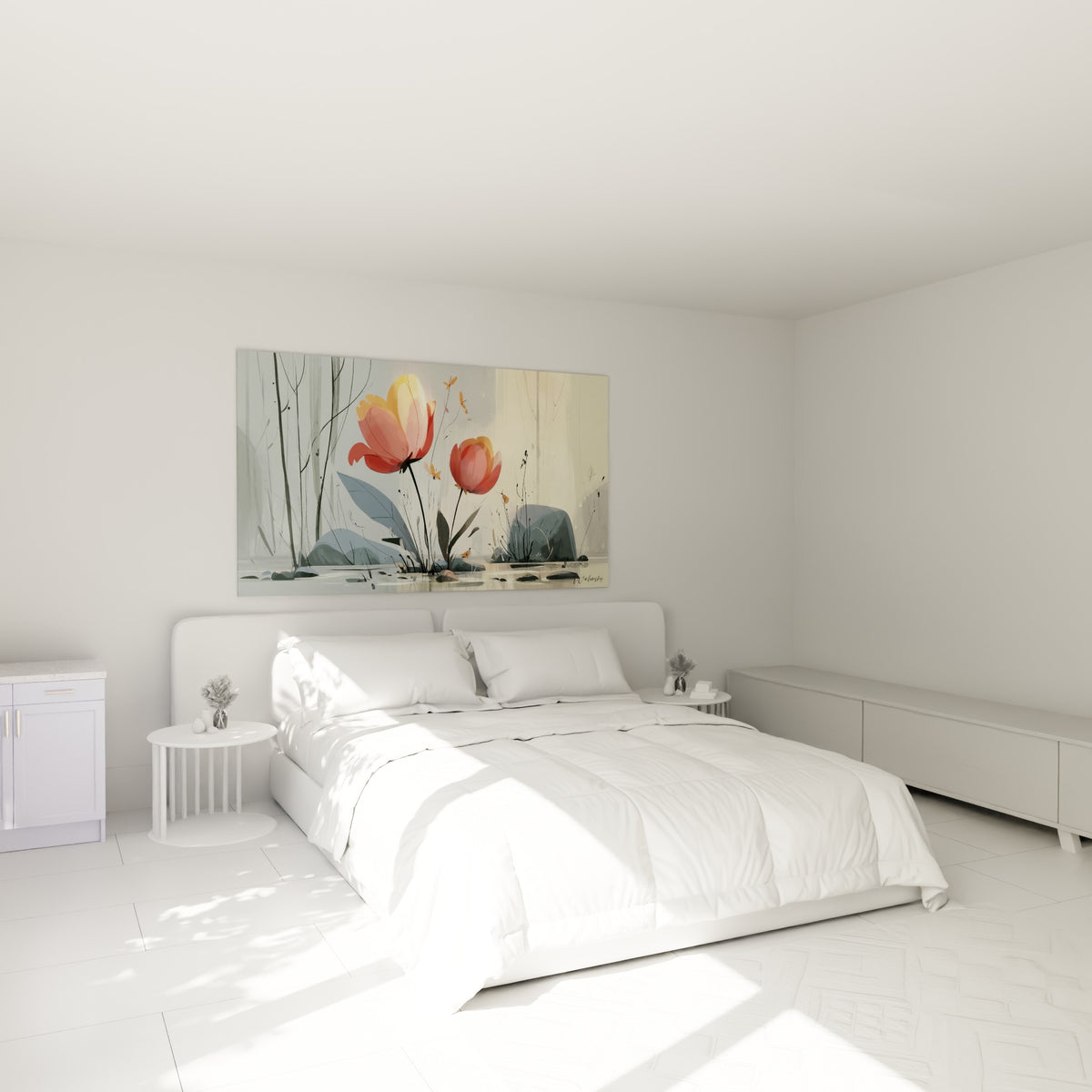 Fleurs roses et dorées peintes avec papillons orangés, au-dessus d'un lit dans une chambre claire