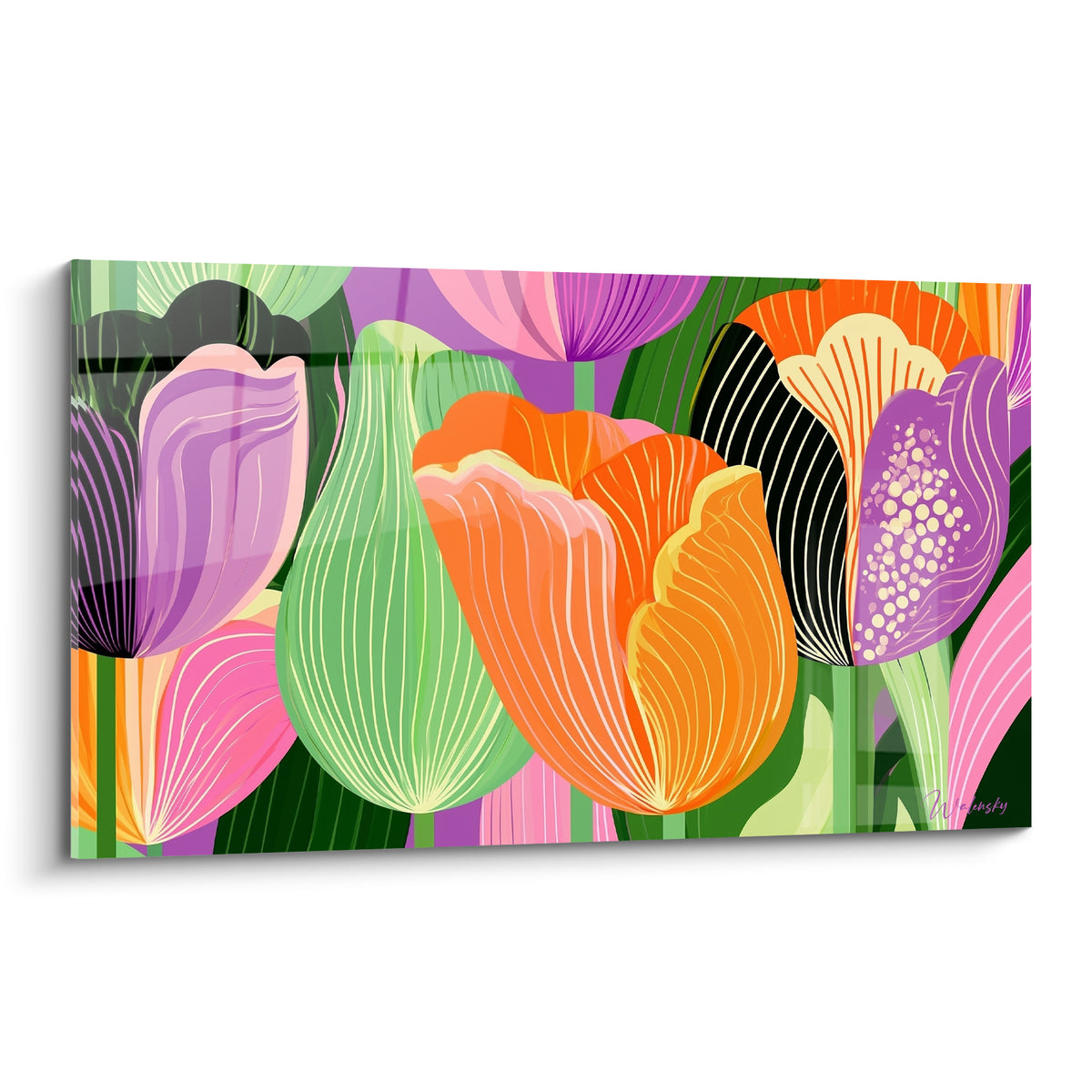 Tulipes orange, violettes et vertes aux pétales rayés composent ce tableau floral graphique éclatant