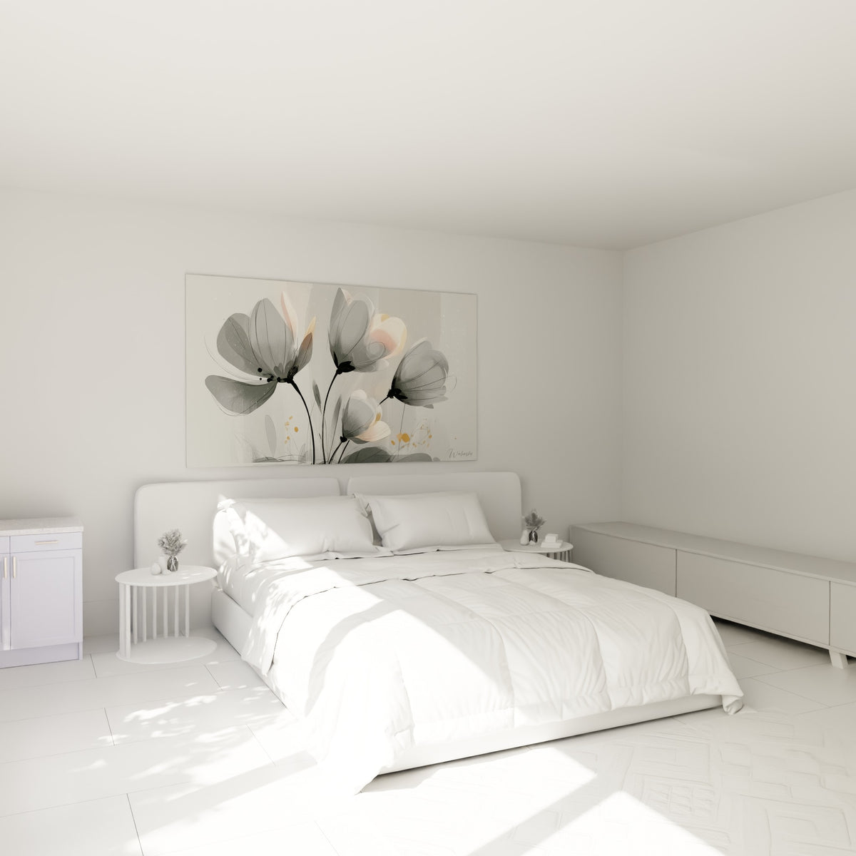 Tulipes translucides grises et dorées au-dessus d'un lit dans une chambre claire et épurée