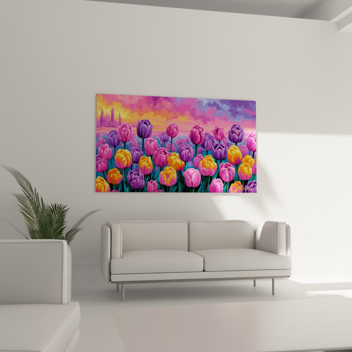 Fleurs de tulipes roses et violettes en pleine floraison, disposées au-dessus d'un canapé dans un salon lumineux