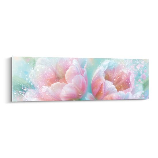 Tulipes roses aux pétales éclatés sur fond menthe et bleu pastel, style aquarelle lumineux