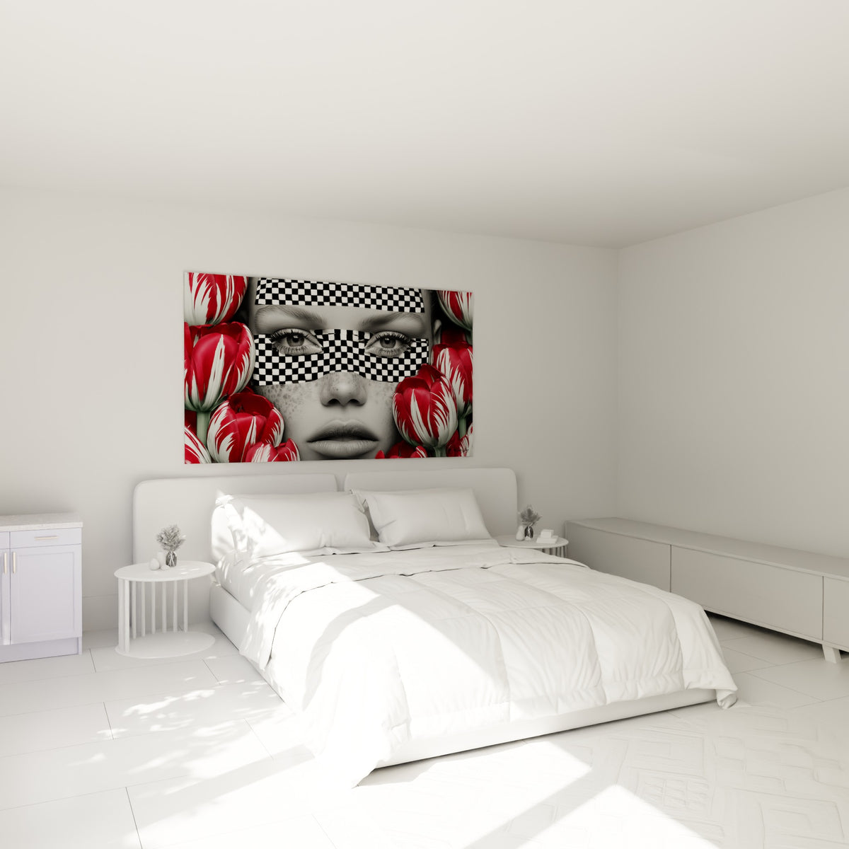 Portrait en niveaux de gris cerné de tulipes rouges, accroché au-dessus d'un lit dans une chambre claire