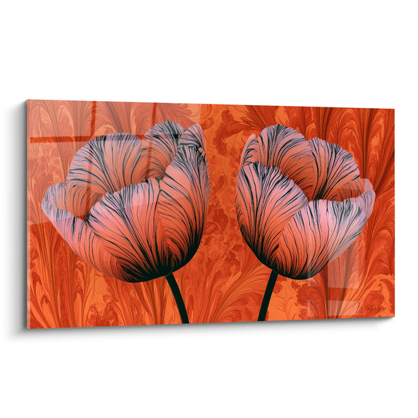 Tableau Tulipes roses veinées sur fond corail - Éclosion corail - Edition Tulipe