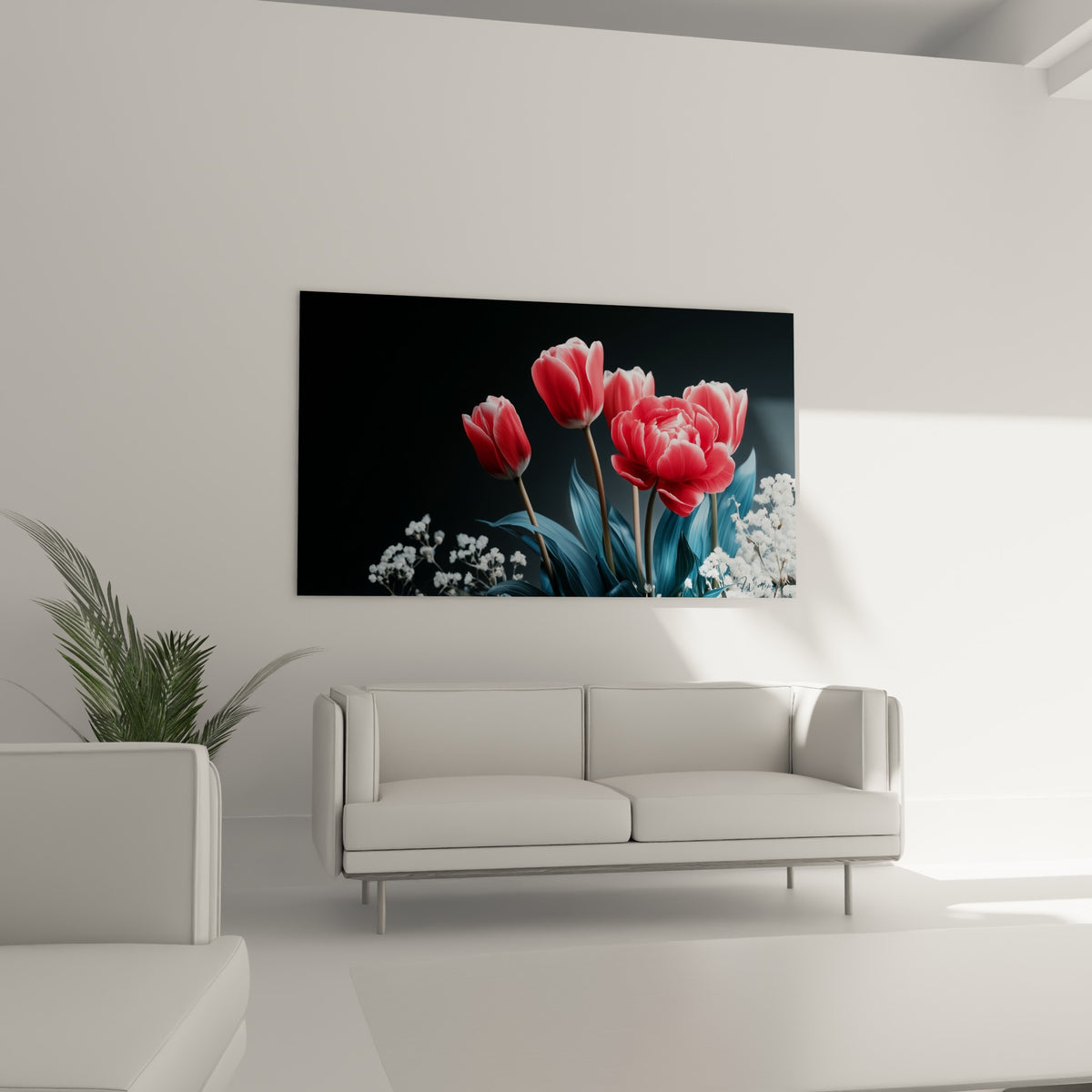 Fleurs de tulipe rose corail et gypsophile blanche disposées au-dessus d'un canapé dans un salon lumineux