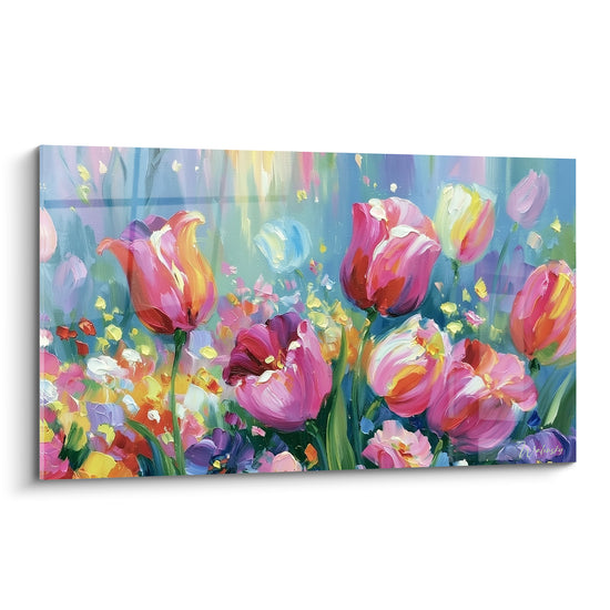Tulipes roses et turquoise aux pétales épais, peinture au couteau expressionniste vibrante et lumineuse