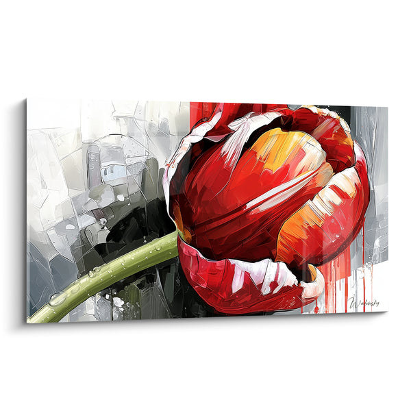 Tableau Tulipe rouge et grise aux coulures peintes - Tige perlée de rosée - Edition Tulipe