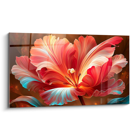 Tulipe rouge fauve aux nervures turquoise pastel, pétales déployés sur fond brun profond