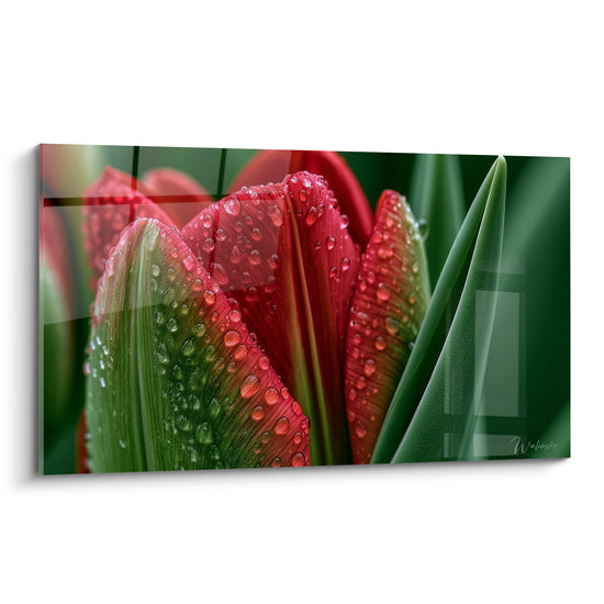 Tulipe rouge et verte couverte de gouttelettes d'eau, pétales veloutés en gros plan sur fond flou