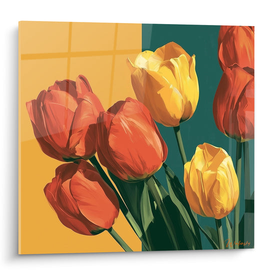 Tulipes rouges et jaunes peintes sur fond ocre et vert sarcelle aux tiges vertes graphiques