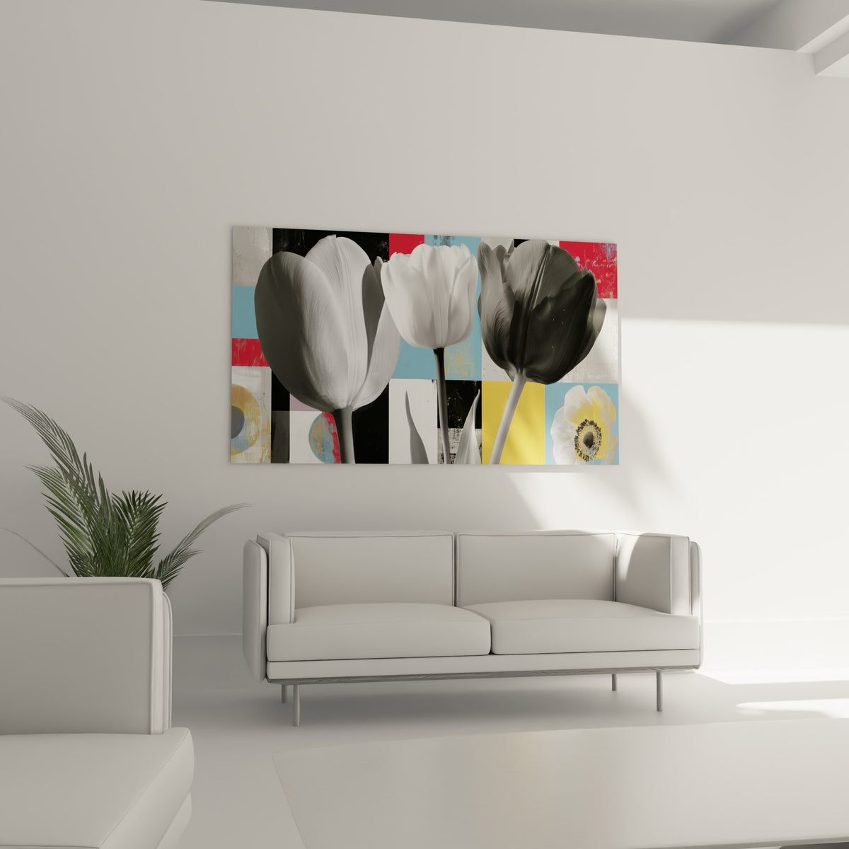 Fleurs grises et damier coloré rouge et jaune positionnés au-dessus d'un canapé dans un salon lumineux