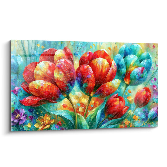 Tulipes rouges et turquoise épanouies aux pétales texturés dans un style peinture au couteau vibrant