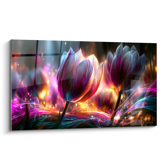 Tulipes violettes et dorées aux pétales lumineux traversés de filaments turquoise et magenta étincelants