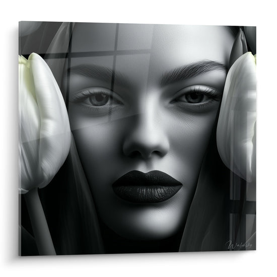 Visage féminin en noir et blanc, lèvres sombres, encadré de tulipes blanc ivoire, tableau Tulipe