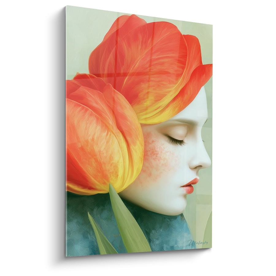 Tableau Tulipe orange et jaune fusionnée à un visage - Profil aux yeux clos - Edition Tulipe